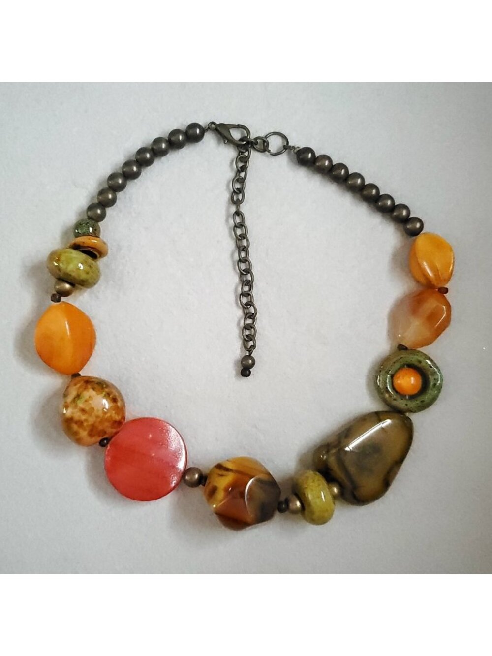 Beaded Necklace Green Brown Orange Autumn Ceramic Acrylic Artsy Boho 16-20"